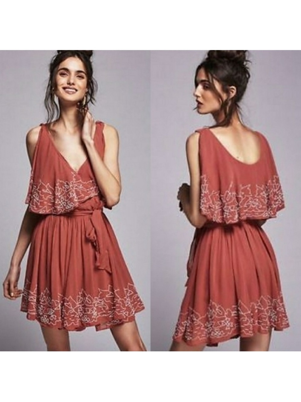 Free People Sylvia Beaded Wrap Mini Dress Rust Colored Size XS